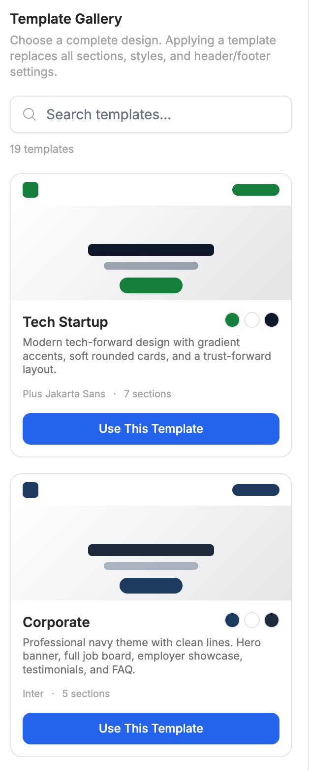 Preset job board templates to choose from in Job Boardly