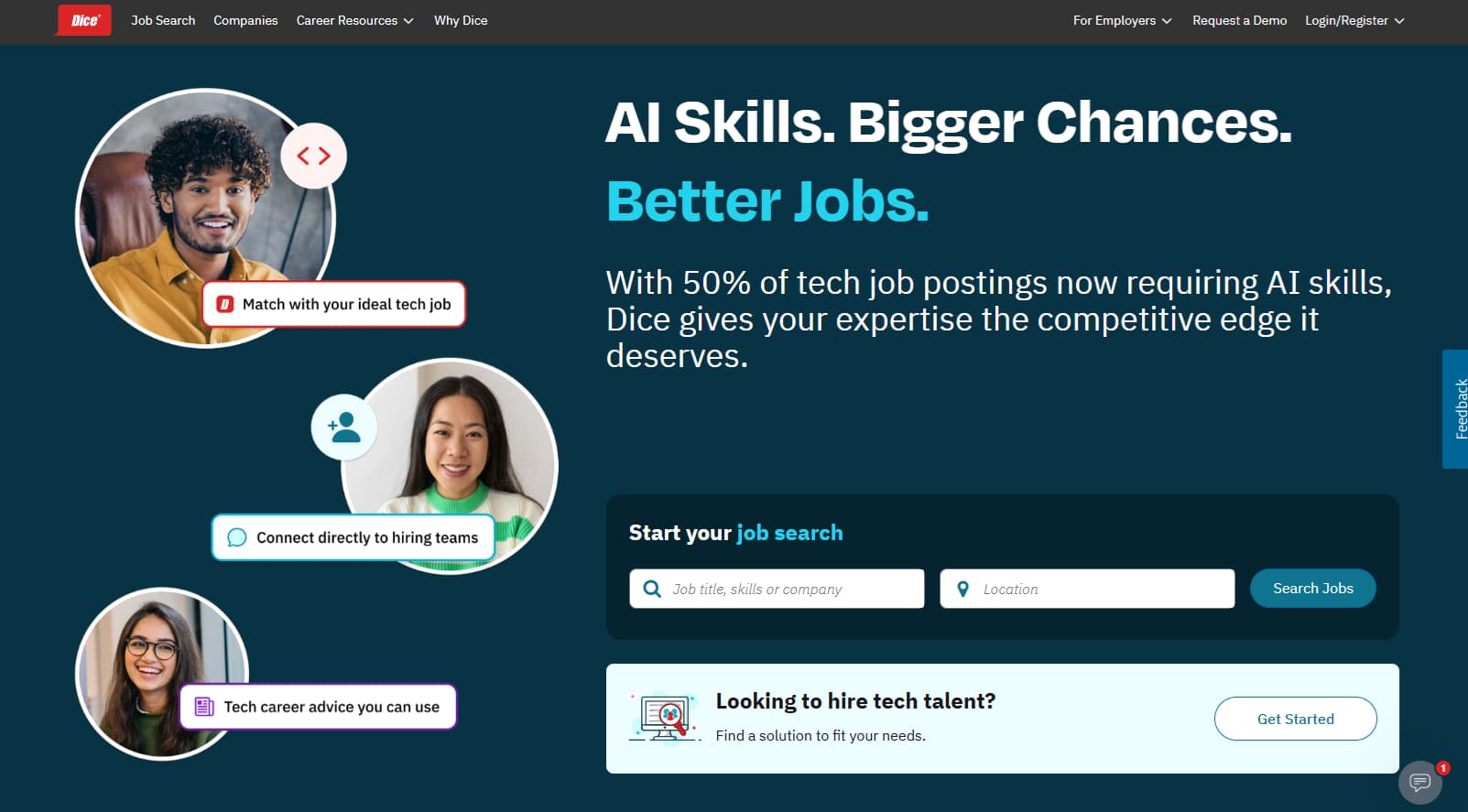 Dice niche job board homepage for tech and IT professionals
