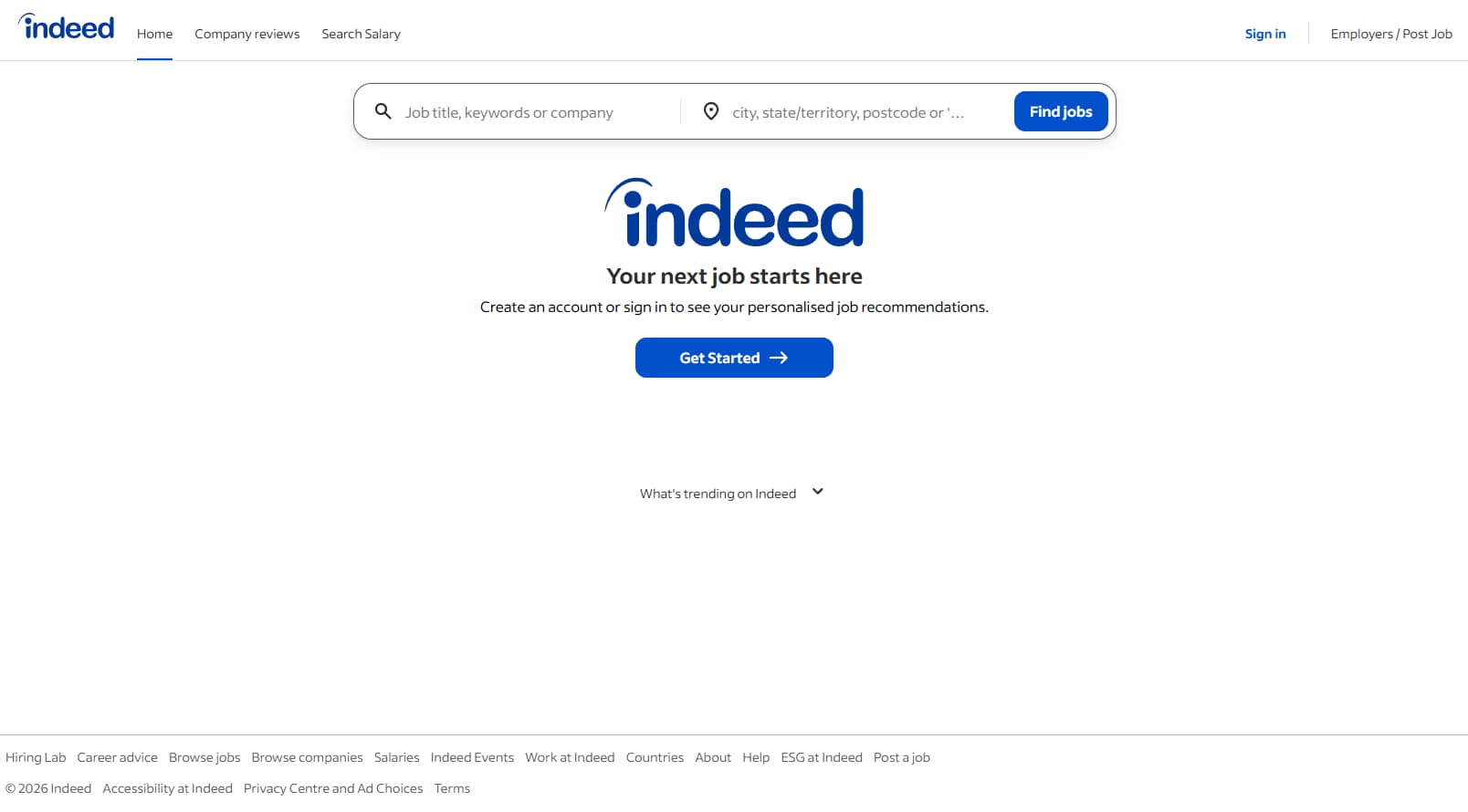 Indeed general job board homepage showing job search by keyword and location