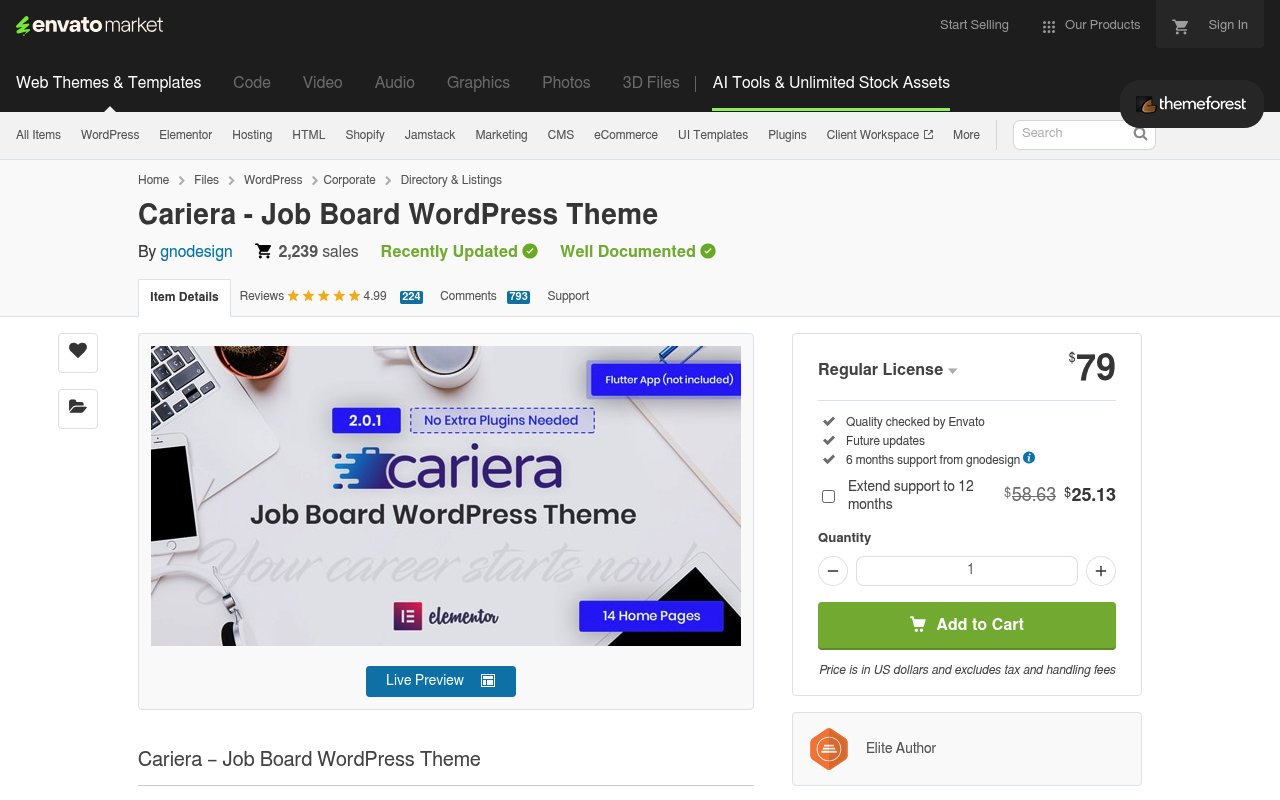 Cariera WordPress job board theme on ThemeForest