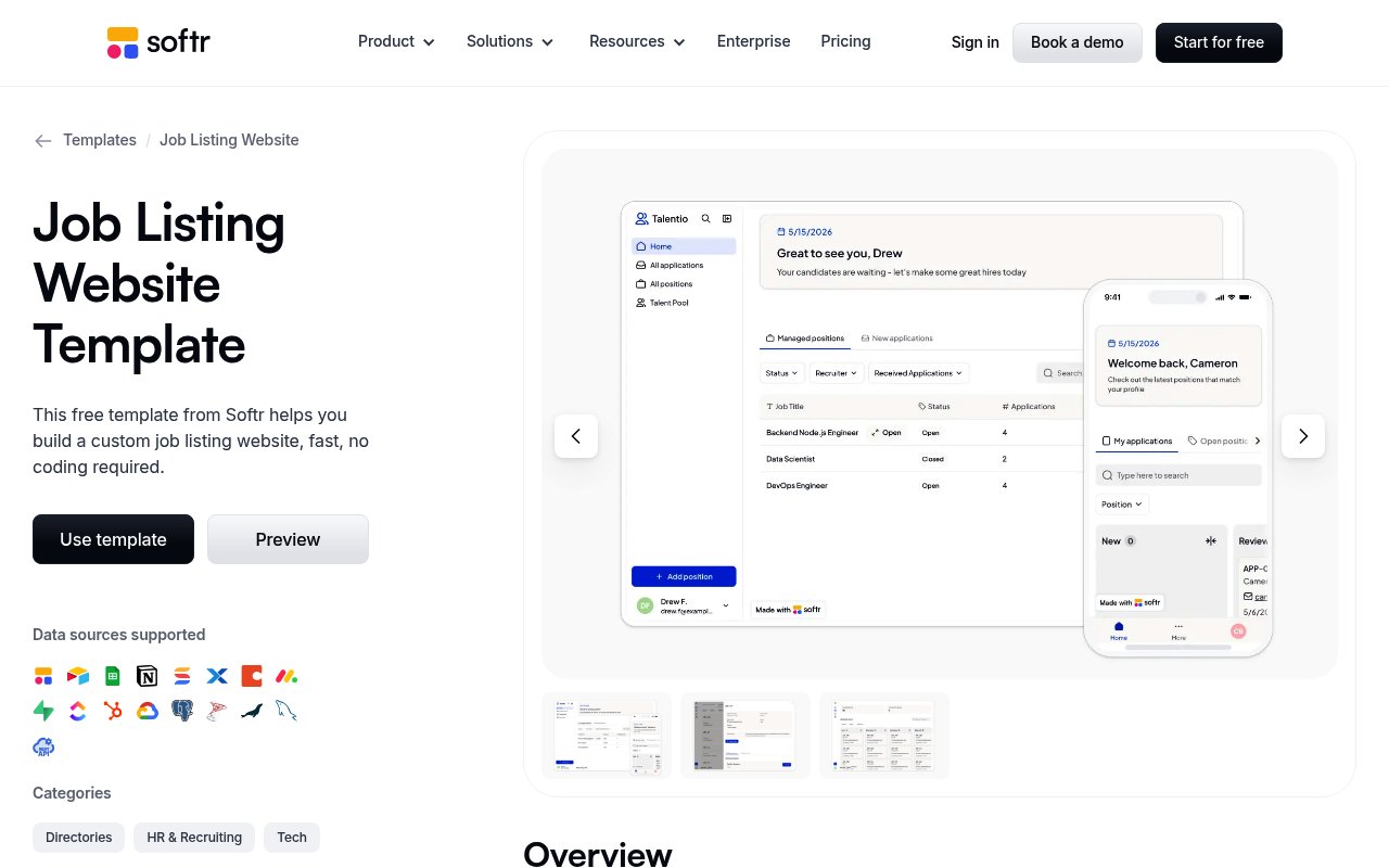 Softr job listing website template