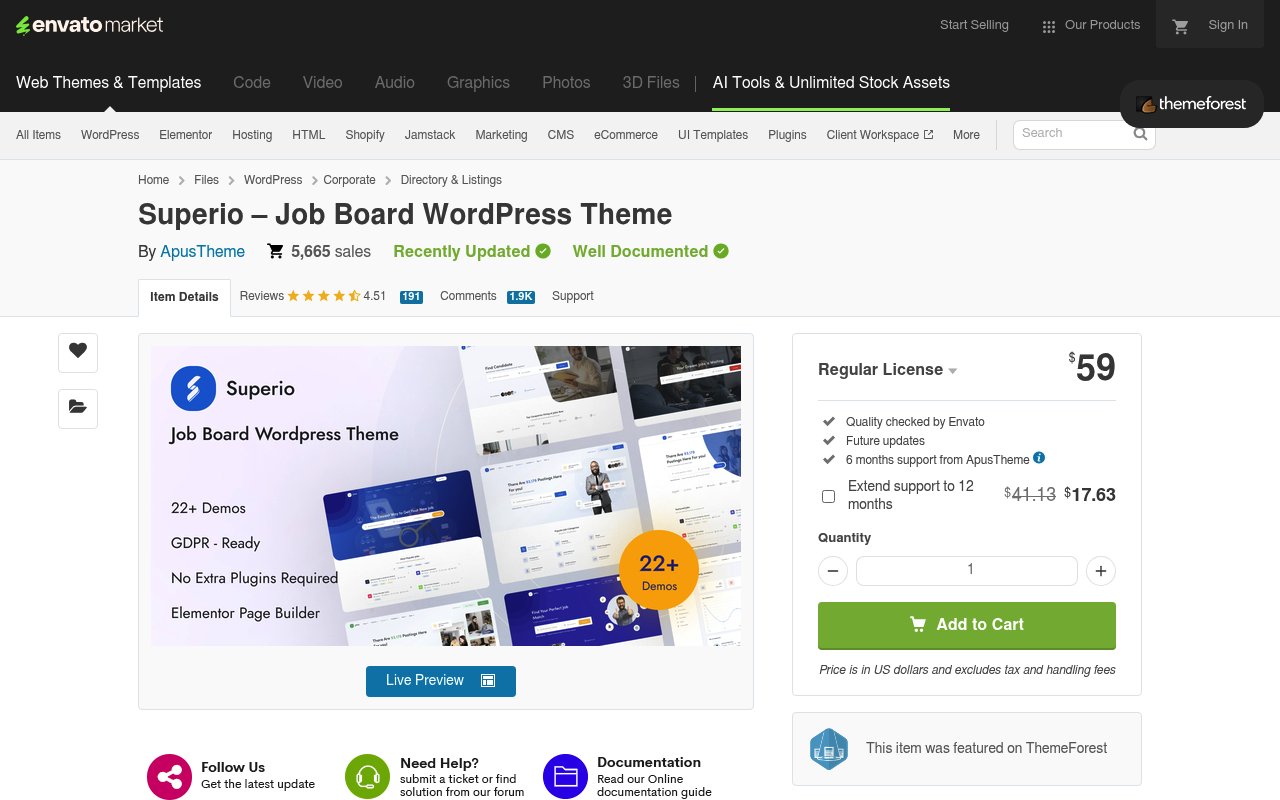 Superio WordPress job board theme on ThemeForest